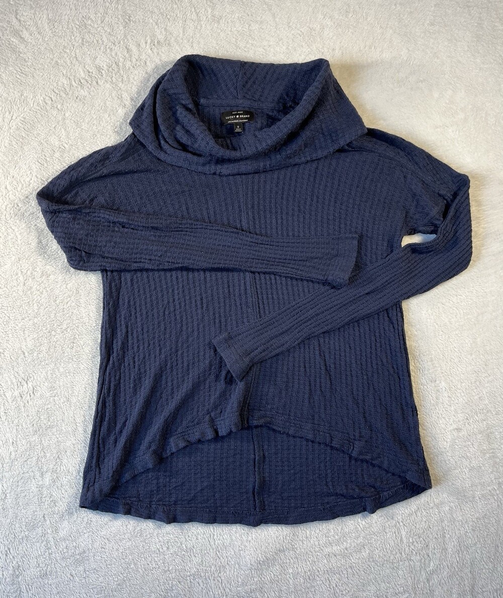 Lucky Brand Shirt Women’s Small Waffle Knit Cowl Neck Long Sleeve Navy Blue
